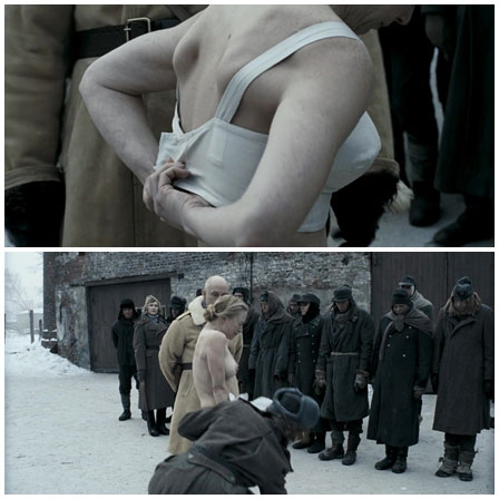 Woman forced to undress in front of captured SS soldiers